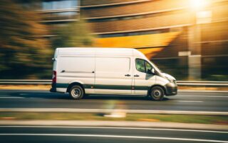 Cargo van is driving on the highway at speed with a blurred background