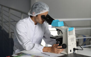 A health care professional in a white shirt and hairnet studies a medical sample in a microscope
