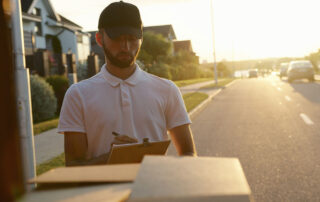A man in a white shirt fills out a form on a sunny street before making a delivery.