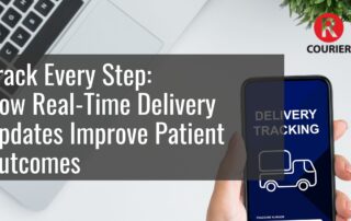 Hand holding a smartphone displaying delivery tracking next to a laptop, promoting Courier’s real-time delivery updates that improve patient outcomes.