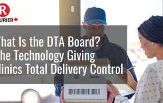 Courier handing a package to a woman signing on a tablet, illustrating Courier’s DTA Board technology that gives clinics complete delivery control.