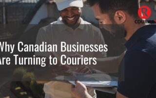 Courier handing package to a smiling customer, highlighting fast and reliable delivery services by R Courier in Canada.