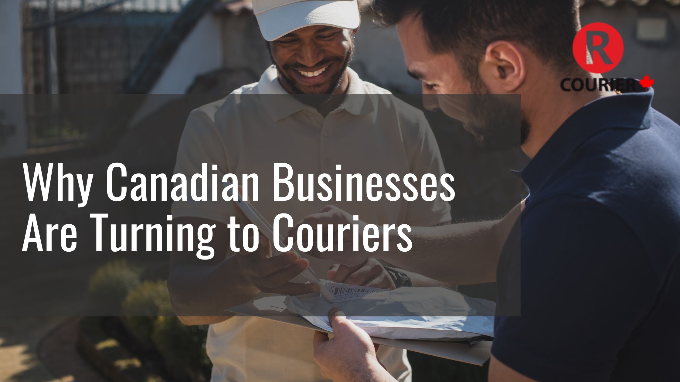 Courier handing package to a smiling customer, highlighting fast and reliable delivery services by R Courier in Canada.