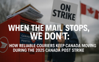A Canada Post mailbox overflowing with letters stands beside a protester holding an “ON STRIKE” sign, with a Canadian flag waving in the background. The bold headline reads, “When the mail stops, we don’t: How reliable couriers keep Canada moving during the 2025 Canada Post strike.”