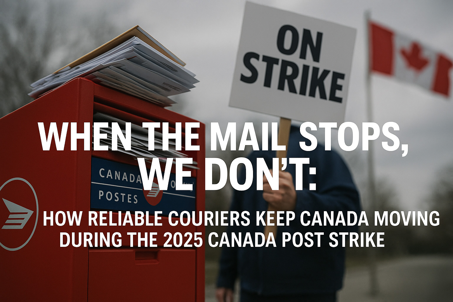 A Canada Post mailbox overflowing with letters stands beside a protester holding an “ON STRIKE” sign, with a Canadian flag waving in the background. The bold headline reads, “When the mail stops, we don’t: How reliable couriers keep Canada moving during the 2025 Canada Post strike.”