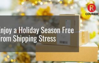 Stacked cardboard packages ready for delivery in front of a glowing Christmas tree, featuring text overlay “Enjoy a Holiday Season Free From Shipping Stress” for R Courier