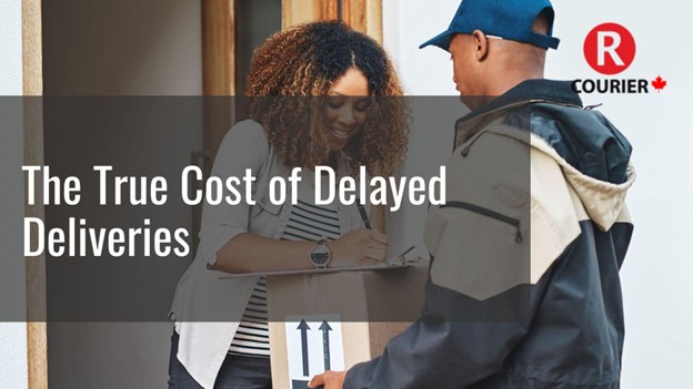 A courier hands a package to a smiling customer signing for delivery, illustrating the impact and true cost of delayed deliveries for businesses