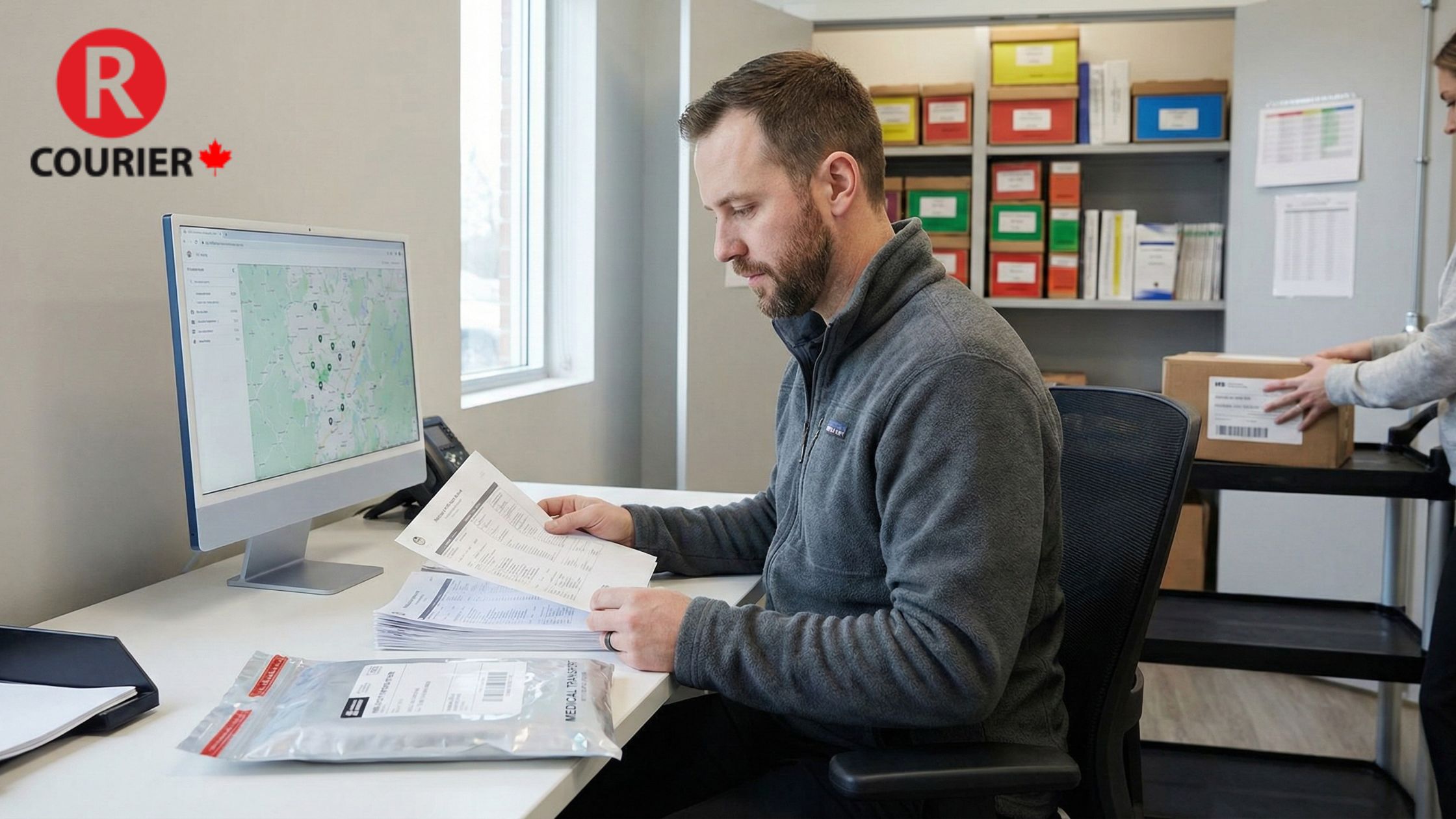 R Courier operations staff reviewing delivery documentation and routing data, highlighting the systems and coordination behind reliable national courier coverage in Canada