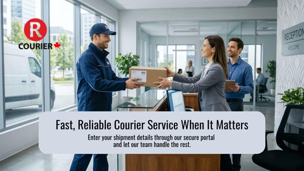 Courier delivering a package to a receptionist at a modern office reception desk, representing fast and reliable business courier services