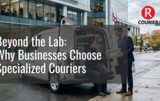 Professional courier handing over a package from a delivery van to a business client outside a modern office building, representing specialized courier services in Canada