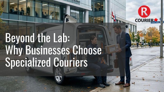 Professional courier handing over a package from a delivery van to a business client outside a modern office building, representing specialized courier services in Canada