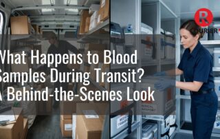 Medical courier organizing temperature-controlled containers for blood sample transport inside a specialized delivery vehicle during transit