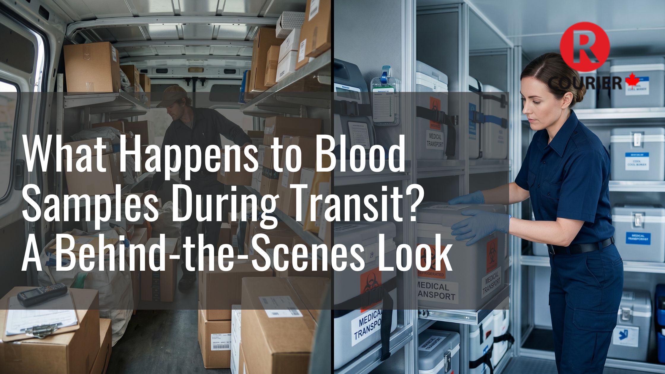 Medical courier organizing temperature-controlled containers for blood sample transport inside a specialized delivery vehicle during transit