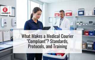 Medical courier and healthcare professional reviewing chain of custody documentation for a temperature-controlled medical specimen delivery