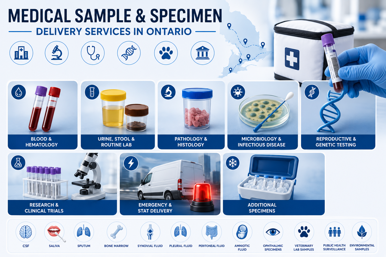 Infographic illustrating common situations that require medical specimen courier services, including routine laboratory testing, emergency and STAT deliveries, hospital-to-laboratory transfers, pathology and biopsy transport, blood sample delivery, clinical research, public health testing, temperature-controlled specimen transport, and time-sensitive diagnostic testing.