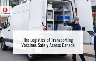 Medical courier loading temperature-controlled vaccine containers into a specialized delivery vehicle for safe transport across Canada