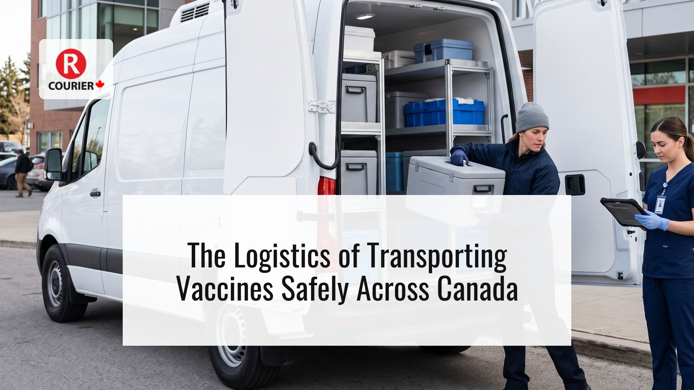 Medical courier loading temperature-controlled vaccine containers into a specialized delivery vehicle for safe transport across Canada