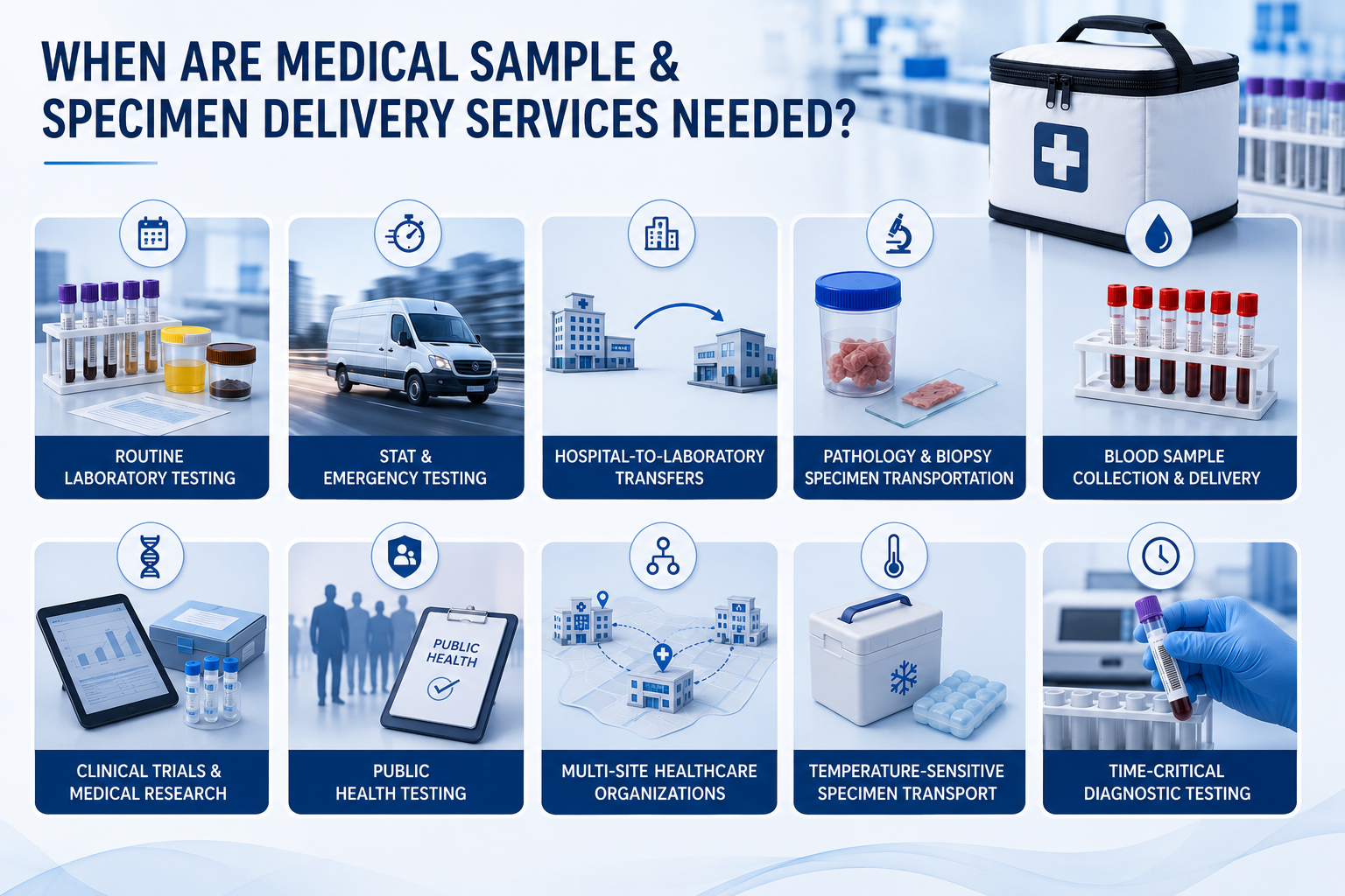 Illustrated overview of common situations requiring medical specimen courier services, including routine laboratory testing, emergency specimen transport, hospital-to-laboratory transfers, pathology samples, blood collection, clinical research, public health testing, temperature-controlled transport, and time-critical diagnostics.