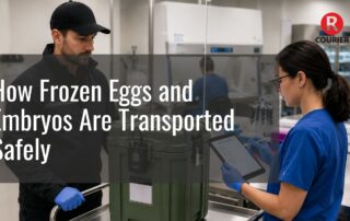 Medical courier and fertility clinic professional preparing a cryogenic transport container for the safe shipment of frozen eggs and embryos
