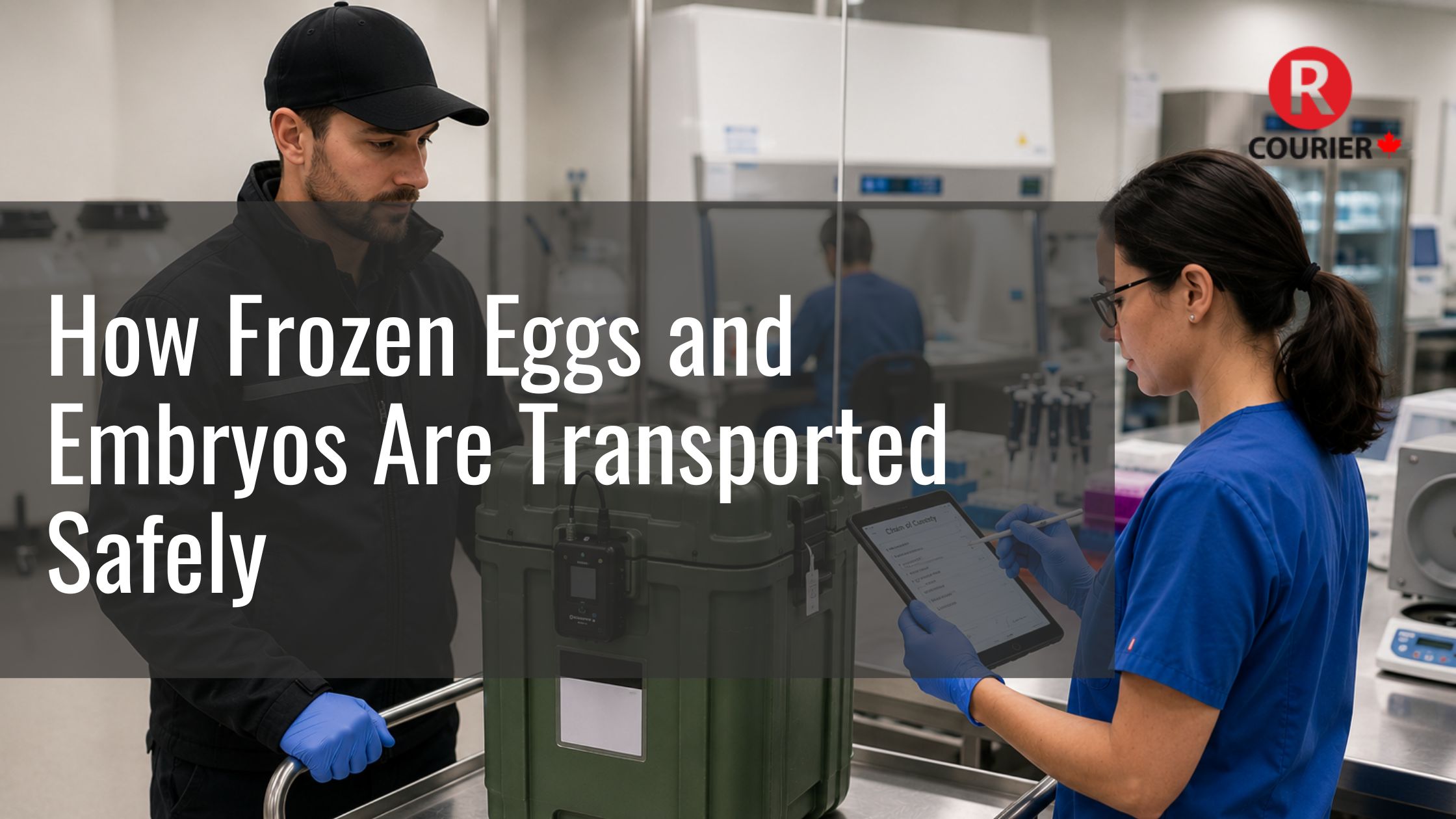 Medical courier and fertility clinic professional preparing a cryogenic transport container for the safe shipment of frozen eggs and embryos