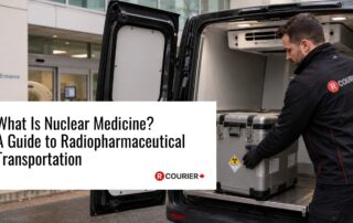 R Courier medical courier loading a secured radiopharmaceutical transport container into a specialized vehicle outside a healthcare facility.