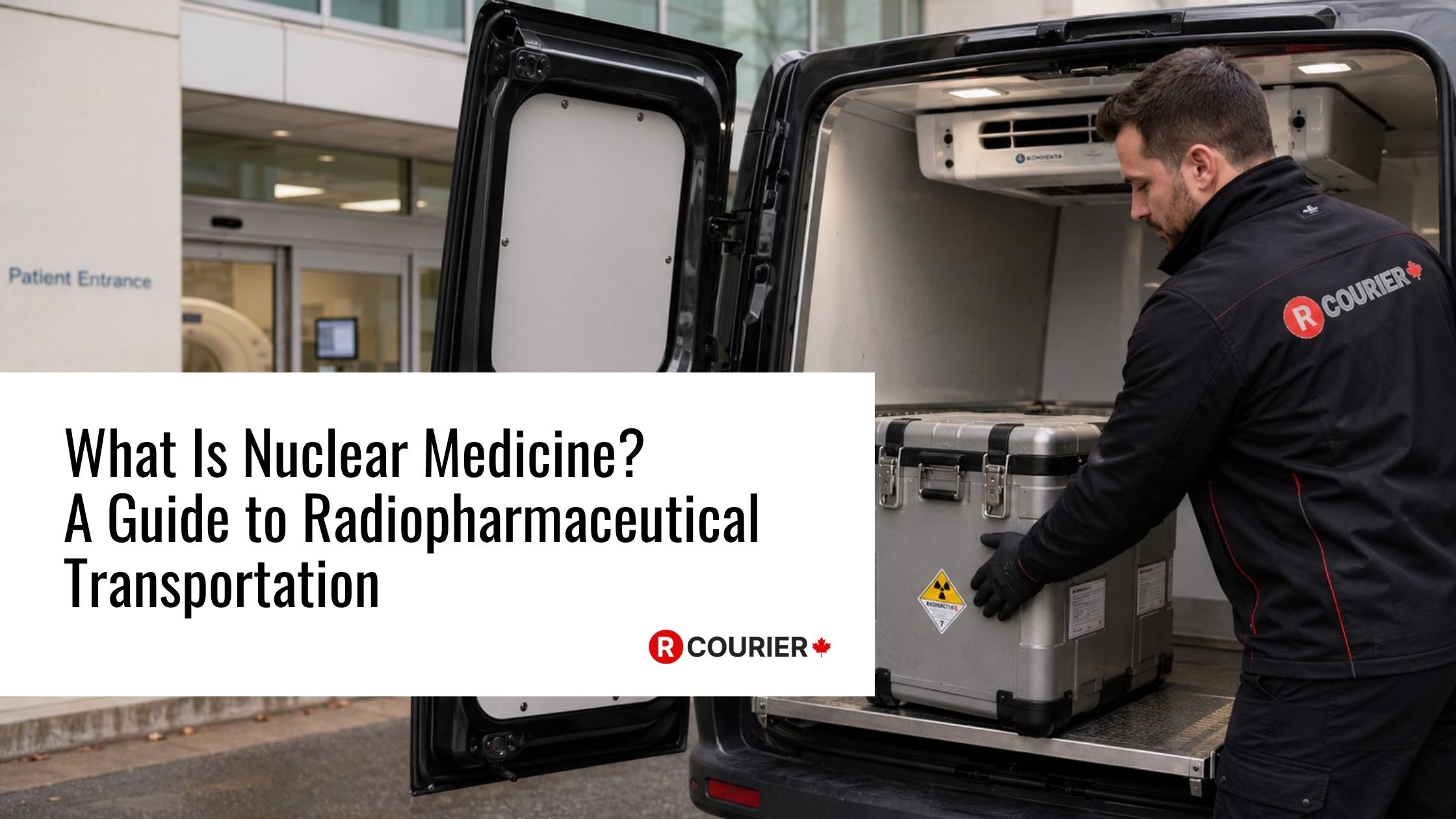 R Courier medical courier loading a secured radiopharmaceutical transport container into a specialized vehicle outside a healthcare facility.