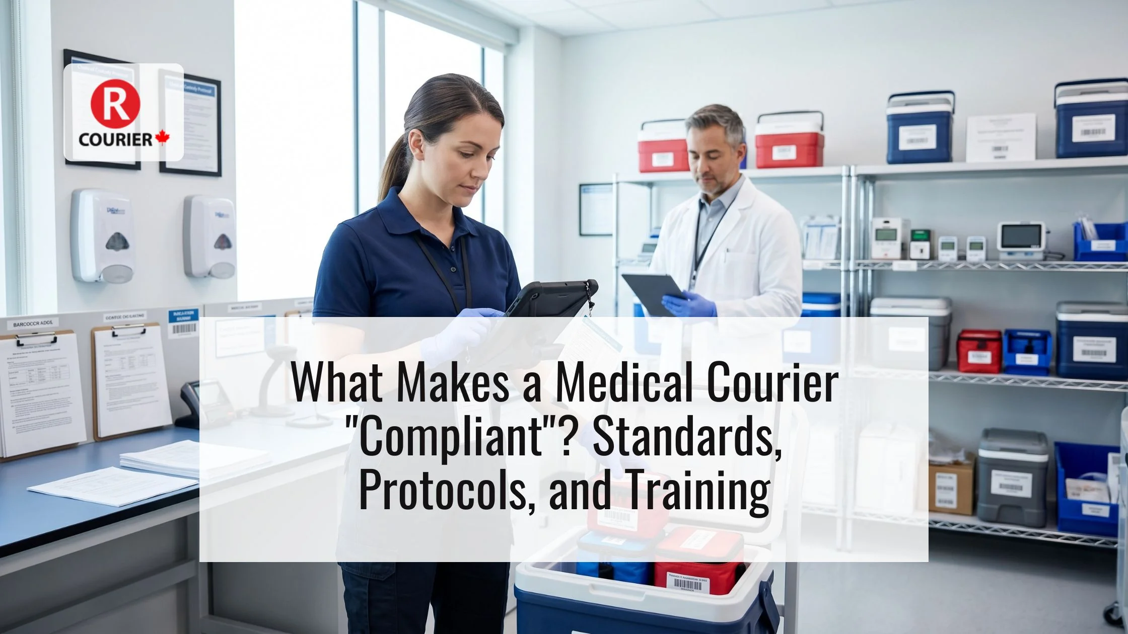 Medical courier and healthcare professional reviewing chain of custody documentation for a temperature-controlled medical specimen delivery