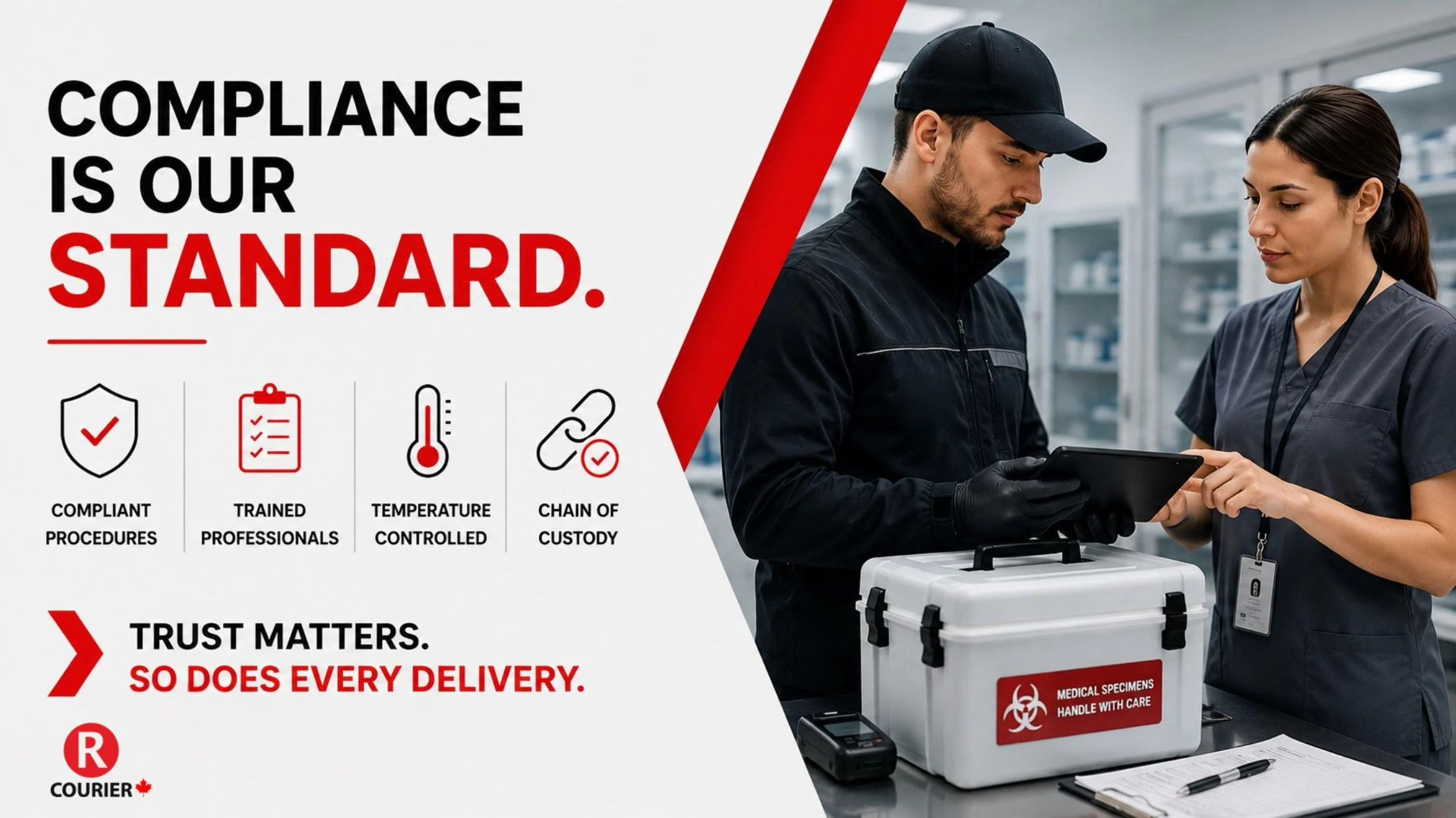 Medical courier employee conducting compliance procedures and inventory verification in a healthcare logistics facility with temperature-controlled medical containers